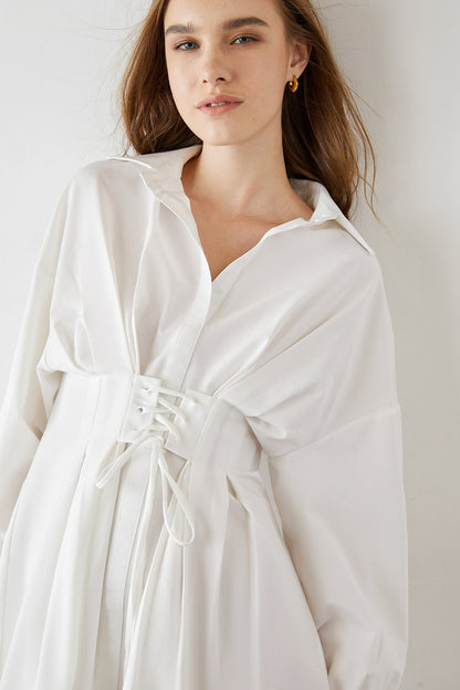 Adalie White Cinched Waist Shirt Dress