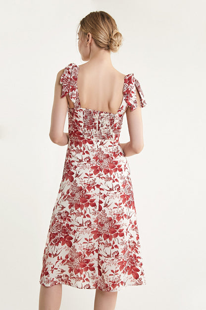 Dark Red Floral Print Tie Strap Slit Hem Midi Dress