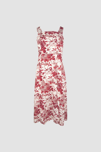 Dark Red Floral Print Tie Strap Slit Hem Midi Dress