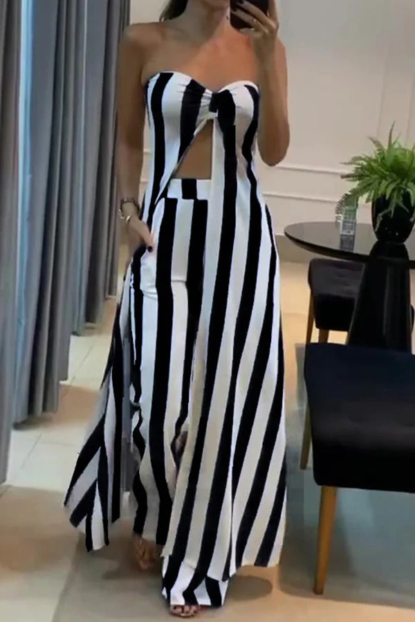 Striped Print Off-Shoulder Long Casual Top and Loose Pocket Straight Pants Set