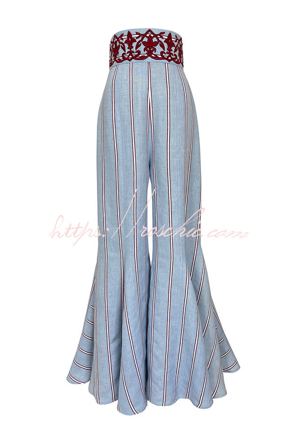 Delirio Linen Blend Floral Embroidery and Stripes Print High Rise Flare Hem Pants
