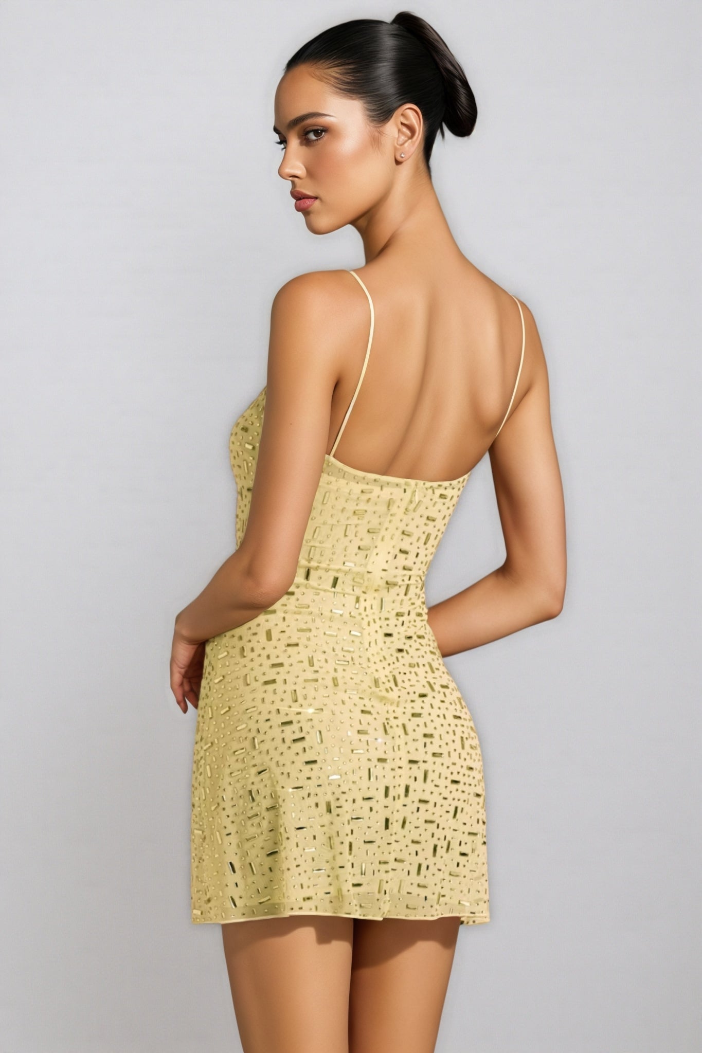 Rowtly Yellow Sheer Square-Neck Mini Dress