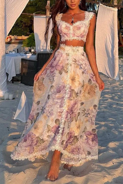 Romantic and Beautiful Floral Print Lace Trim Sweetheart Neck Tank and High Rise Maxi Skirt Set