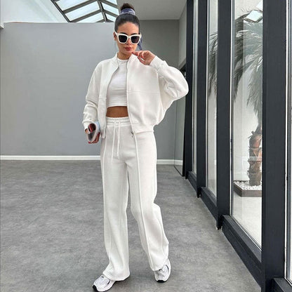 Autumn Winter Solid Color with Fur Zipper Cardigan Women Clothes Casual Straight Pants Two Piece Sets
