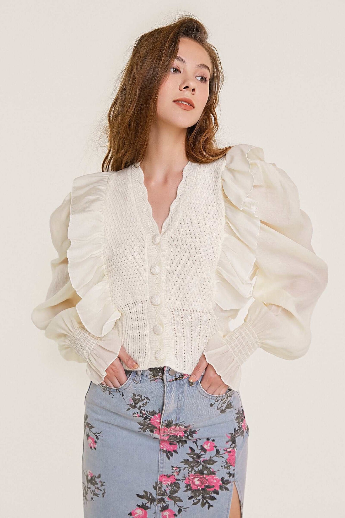 Beige Pointelle Knit Ruffled Chiffon Puff Sleeve Cardigan