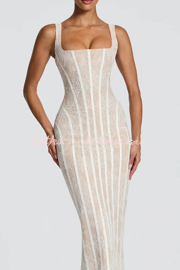 Polina Floral Lace Contrast Structural Detail Square Neck Back Lace-up Slit Maxi Dress