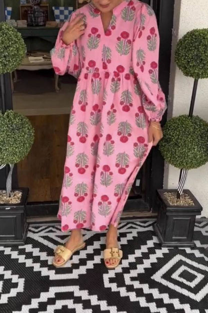 V-Neck Floral Print Puff Sleeve Relaxed Midi Dress