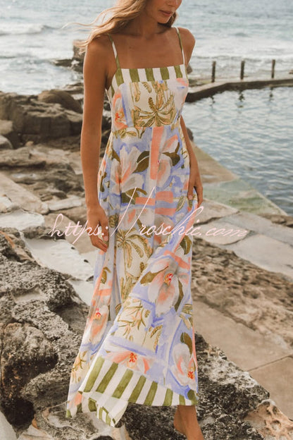 Unique Print Square Neck Spaghetti Strap Waist Casual Maxi Dress