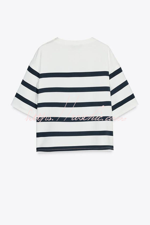 Logbook Stripe Button Shoulder T-Shirt and High-Rise Pocketed Loose  Shorts Set