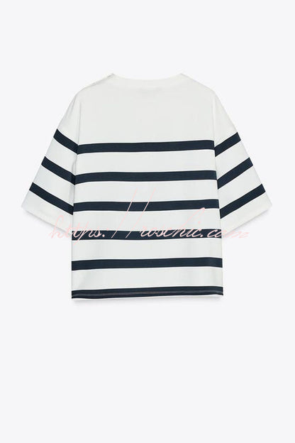 Logbook Stripe Button Shoulder T-Shirt and High-Rise Pocketed Loose  Shorts Set