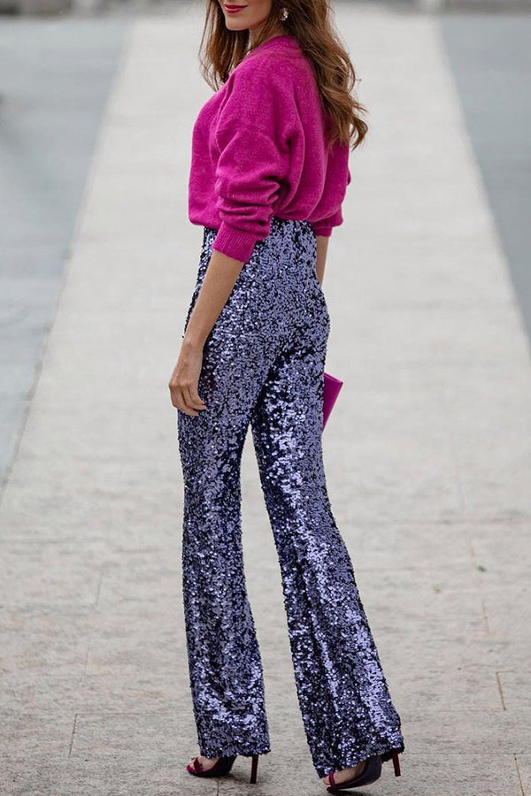 Diva Sequin High Rise Elastic Waist Flare Pants(Shipped Within 24 Hours)