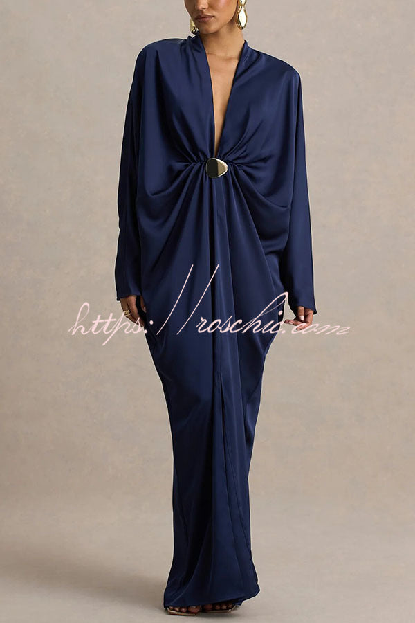 Tina Satin Plunge V-neck Gold Trim Detail Long Batwing Sleeve Maxi Dress