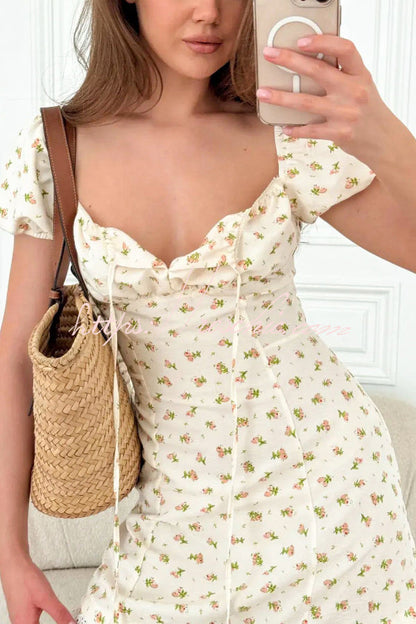Floral Print Square Neckline Puff Sleeves Lace Trim Slim Fit Mini Dress
