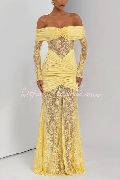 Solid Color Patchwork Lace Off-shoulder Long-sleeved Pleated Slim-fit Maxi Dress