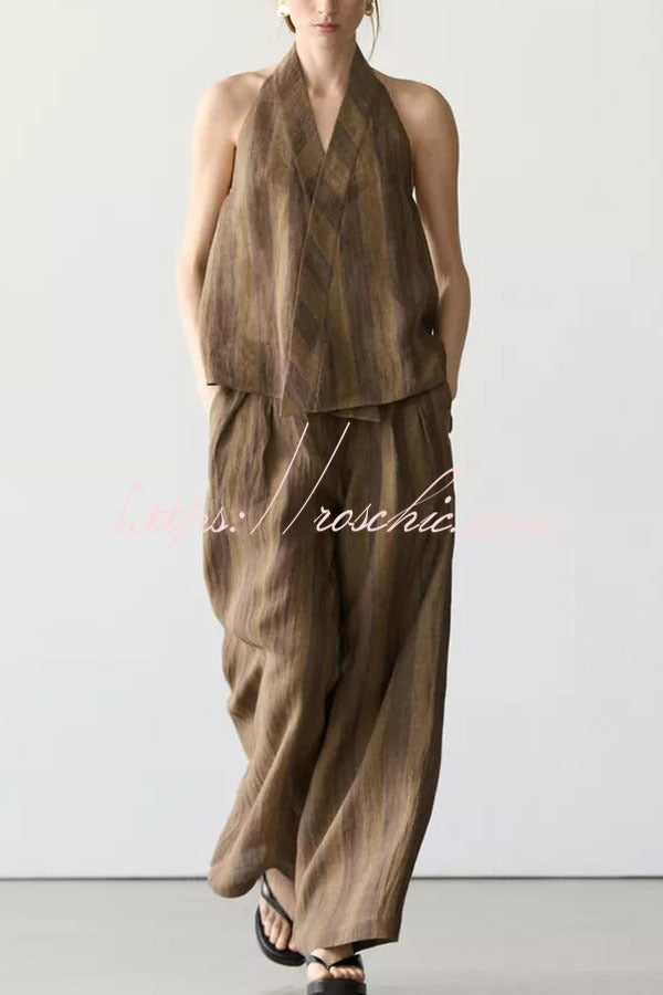 Aloof Style Striped Linen Blend Halter Vest and High Rise Button Pocket Wide Leg Pants Set