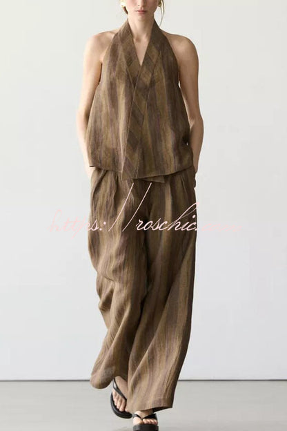 Aloof Style Striped Linen Blend Halter Vest and High Rise Button Pocket Wide Leg Pants Set