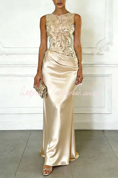 Vera Mesh Embroidery Satin Ruched Crew Neck Sleeveless Gown Maxi Dress