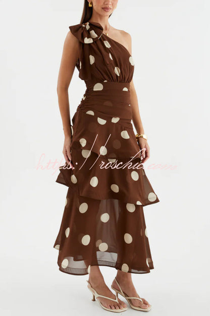 Fashionable Polka Dot Print One-shoulder Sleeveless Layered Mesh Maxi Dress