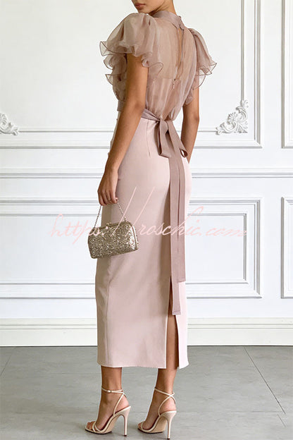 Sheer High-Neck Ruffle Sleeve Back Tie-up Top and Slip Ruched Midi Dress Two Pieces Set