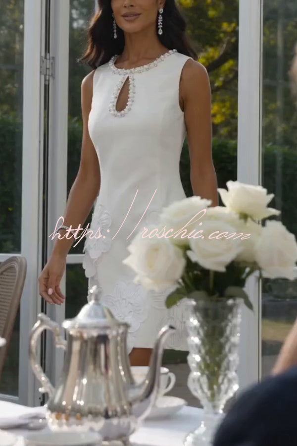 Delicate Silhouette Pearl Trim Cutout Neck Sleeveless 3D Florals Hem Mini Dress