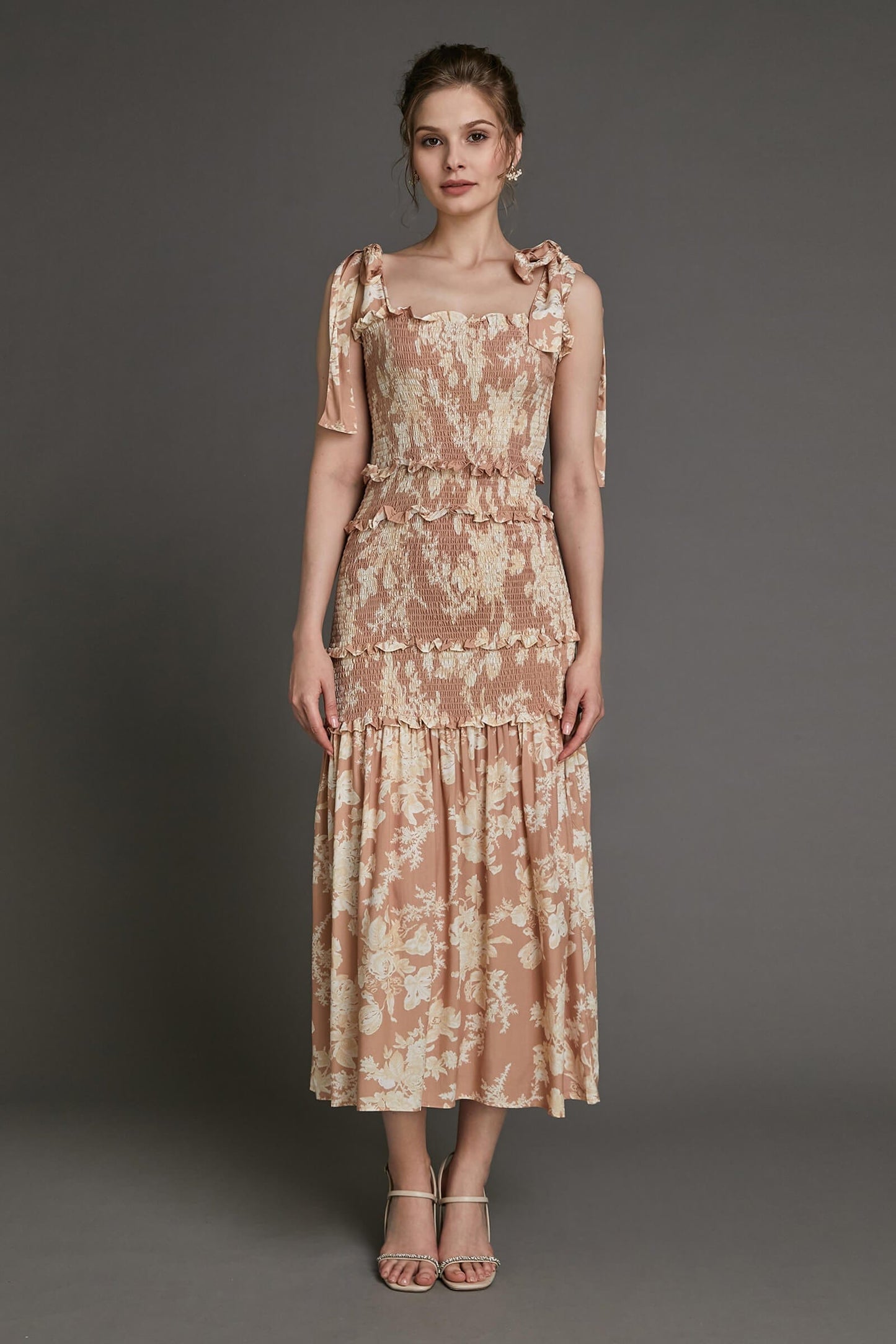 Bisque Floral Print Tie Strap Smocked Ruffled Maxi Dress