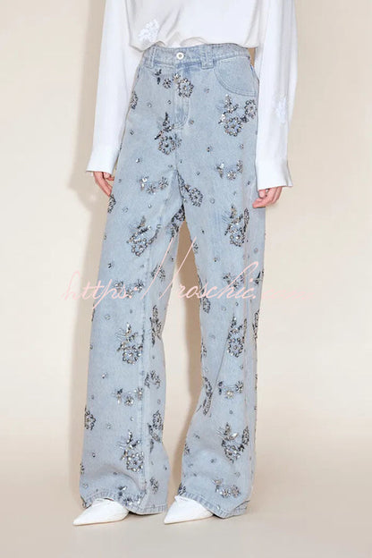 Jhenie Denim Beaded Sequin Floral Pattern Mid Rise Pocket Wide Leg Jeans
