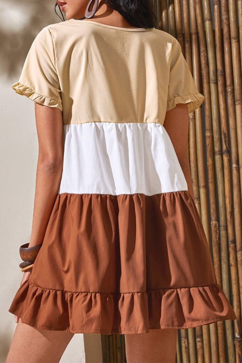 Color Block Split Joint Contrast O Neck Pleated Mini Dress