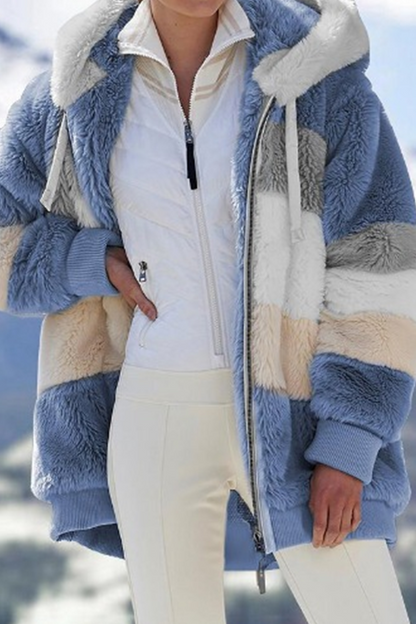 Casual Patchwork Contrast Zipper Hooded Collar Outerwear