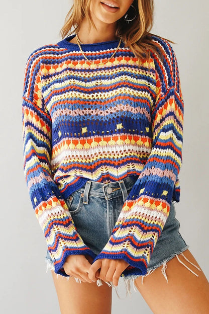 Fashion Street Striped Patchwork O Neck Sweaters(3 Colors)