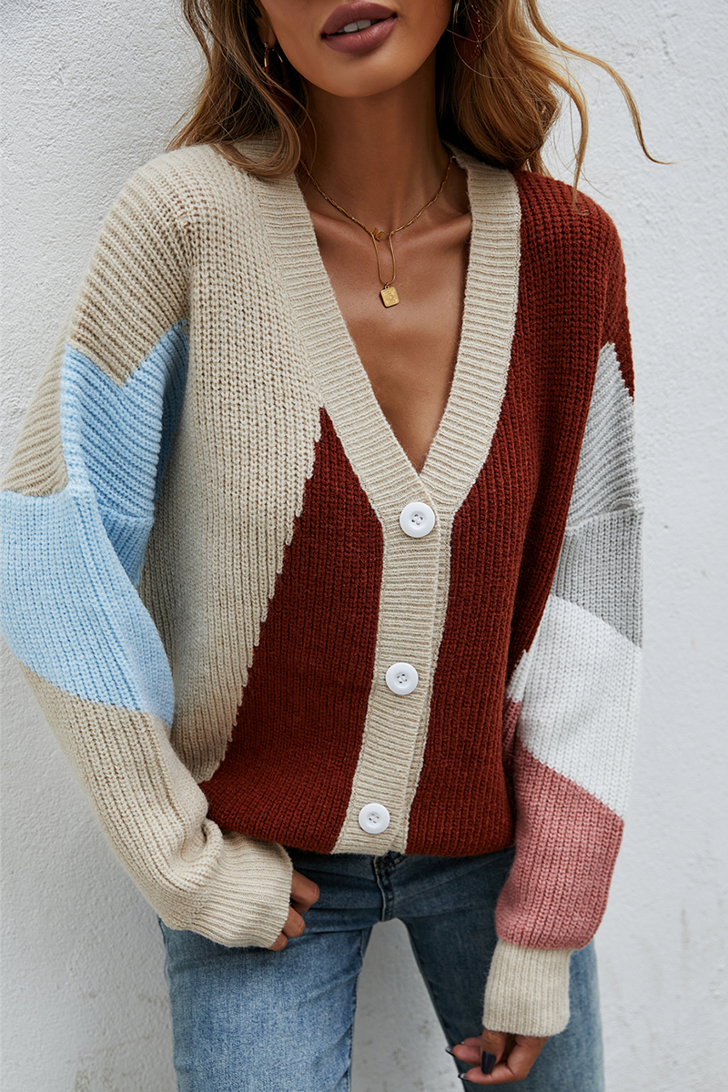 Fashion Street Color Lump Split Joint Buckle V Neck Tops Sweater