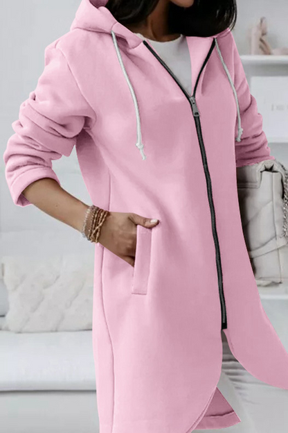 Casual Solid Draw String Zipper Hooded Collar Outerwear(8 Colors)