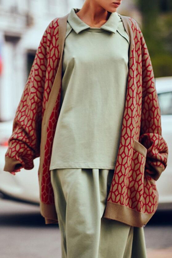 Fashion Casual Geometric Patchwork Buckle V Neck Outerwear Mock Pocket Sweater