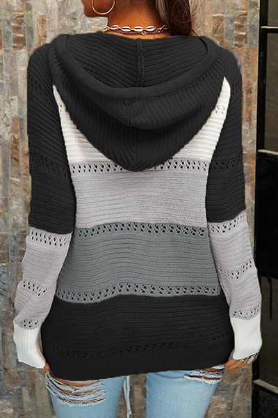 Casual Patchwork Draw String Cross Straps Contrast Hooded Collar Tops(7 Colors)