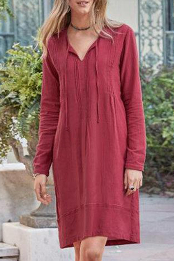 Casual Solid Patchwork Frenulum V Neck Dresses(5 Colors)
