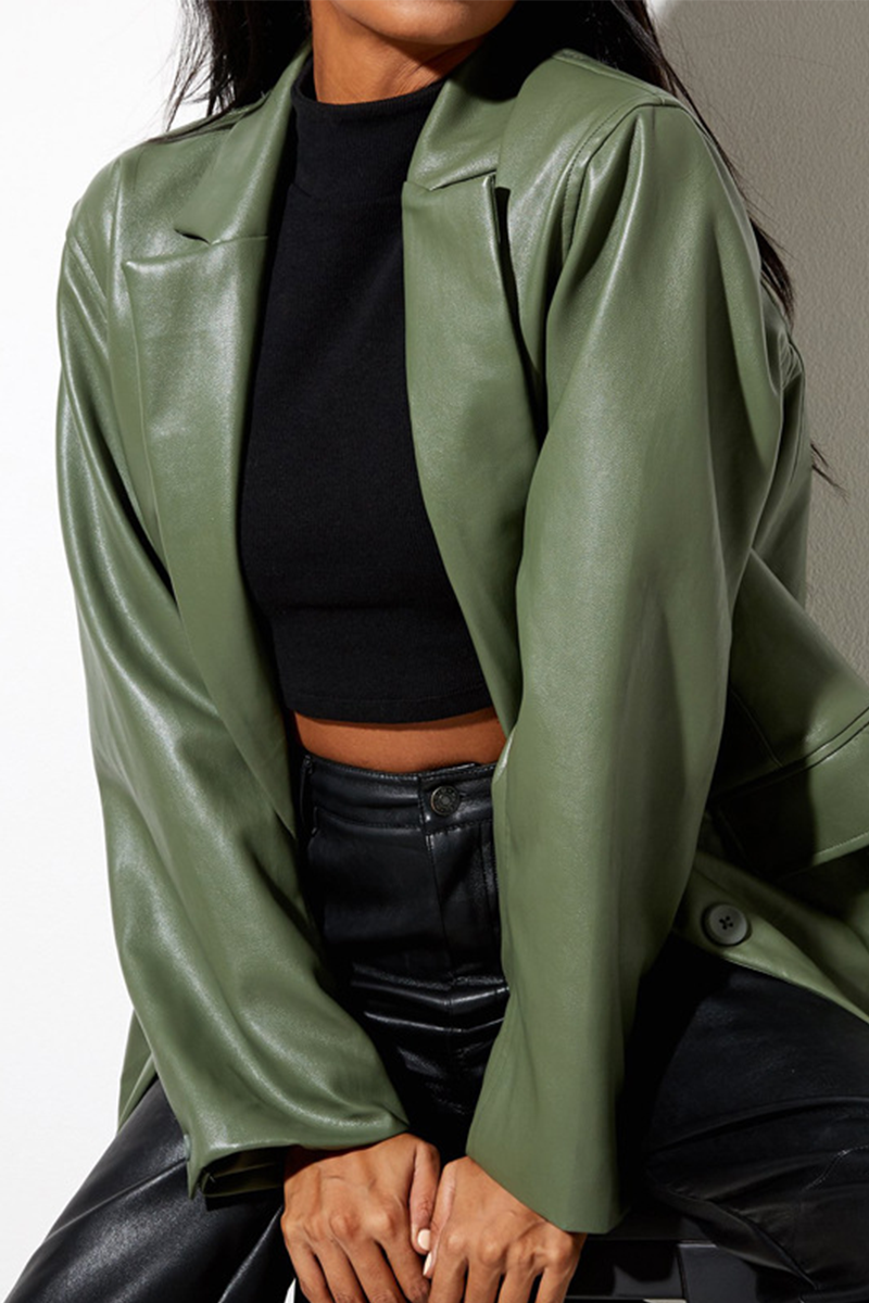 Fashion Elegant Solid Pocket Buckle Turn-back Collar Outerwear