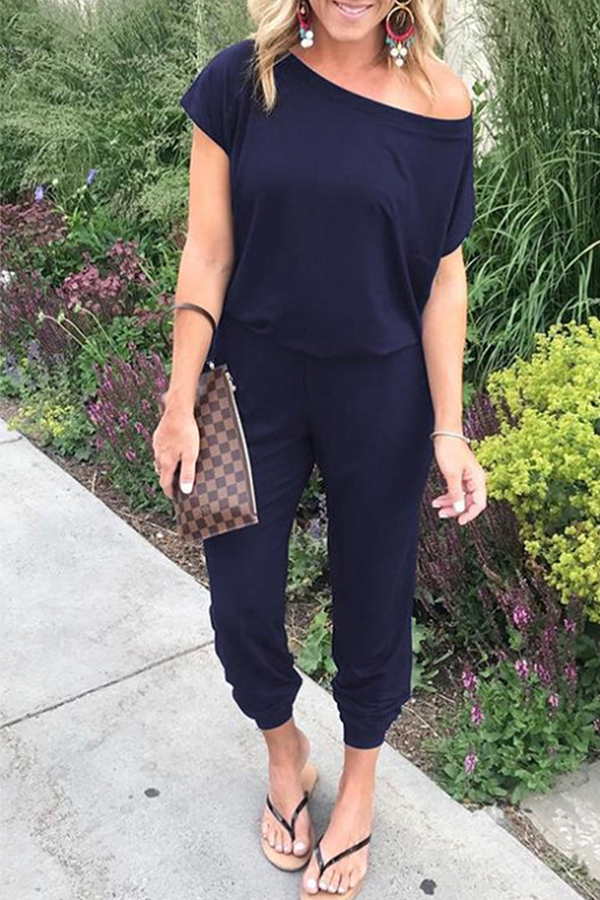 Casual Solid Patchwork Basic Oblique Collar Jumpsuits(8 Colors)