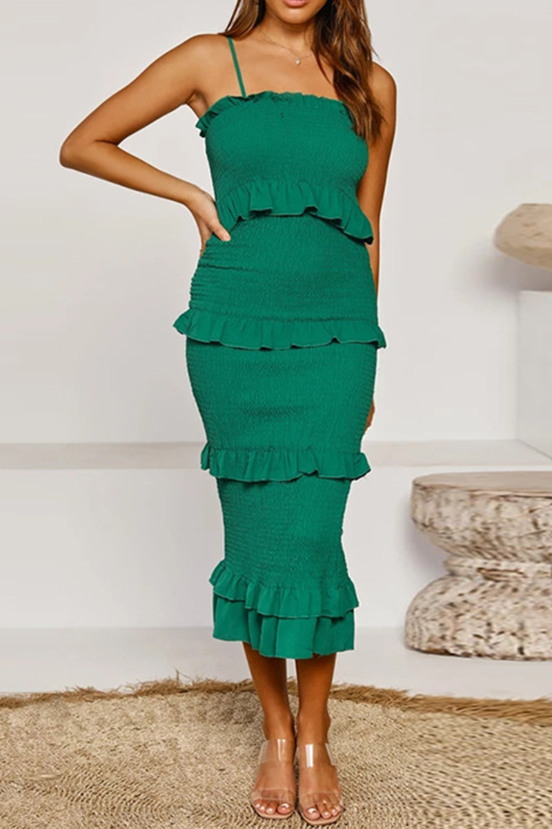 Fashion Solid Patchwork Flounce Spaghetti Strap Straight Dresses