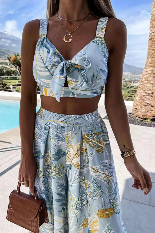Casual Print Split Joint V Neck Sleeveless Two Pieces(3 colors)