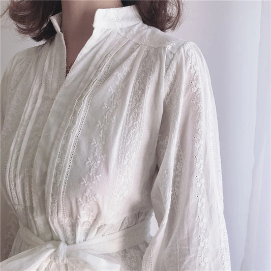 Trella Button Down Lace Babydoll Dress Cream