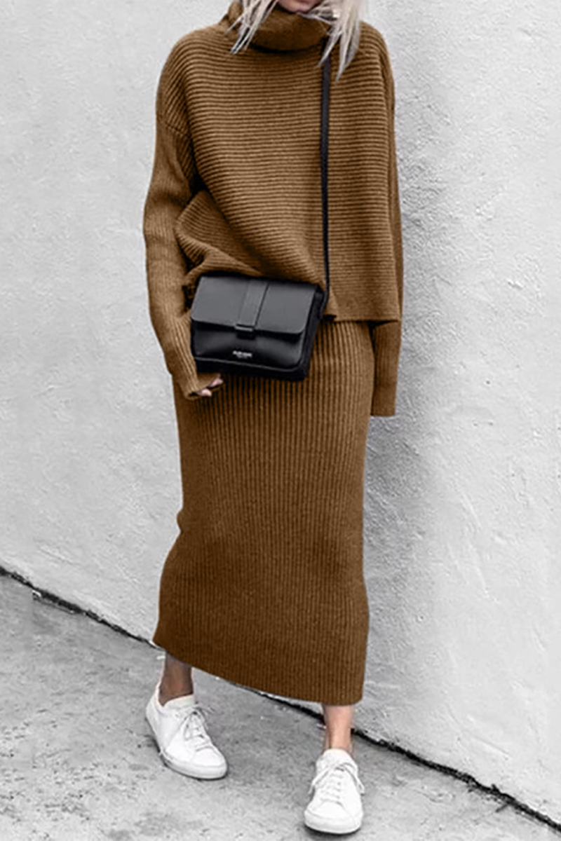 Casual Solid Split Joint Turtleneck Long Sleeve Two Pieces(5 colors)