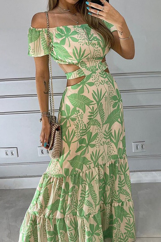 Fashion Print Split Joint Off the Shoulder Cake Skirt Dresses(4 colors)