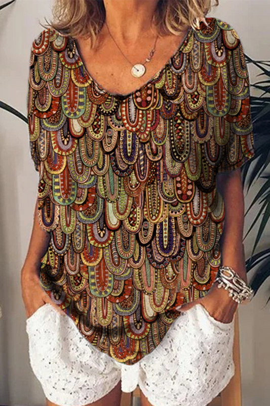 Casual Print Patchwork U Neck T-Shirts(3 Colors)