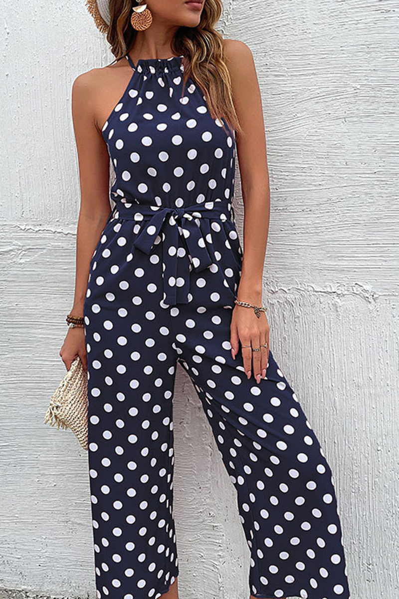 Fashion Dot Patchwork Halter Straight Jumpsuits(4 Colors)