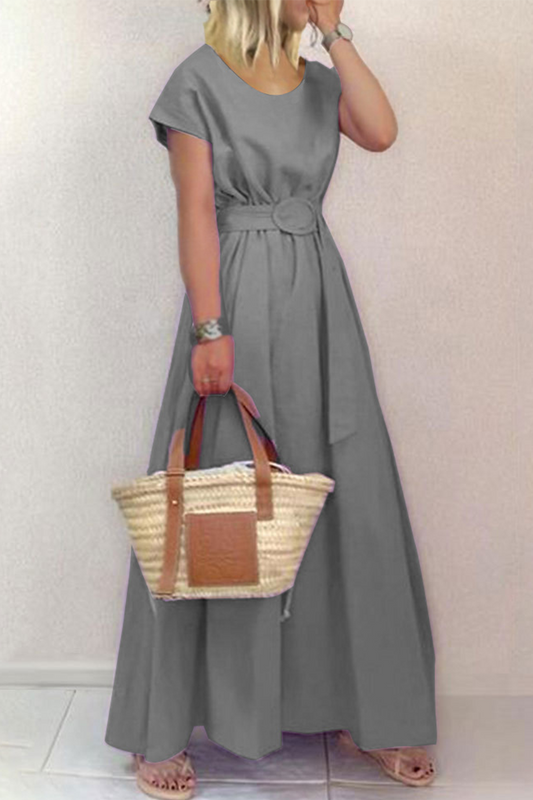 Fashion Solid Patchwork O Neck Waist Skirt Dresses