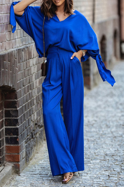 Fashion Solid Patchwork V Neck Long Sleeve Two Pieces