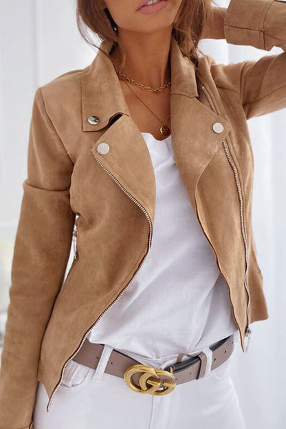 Street Solid Zipper Turn-back Collar Outerwear(4 Colors)