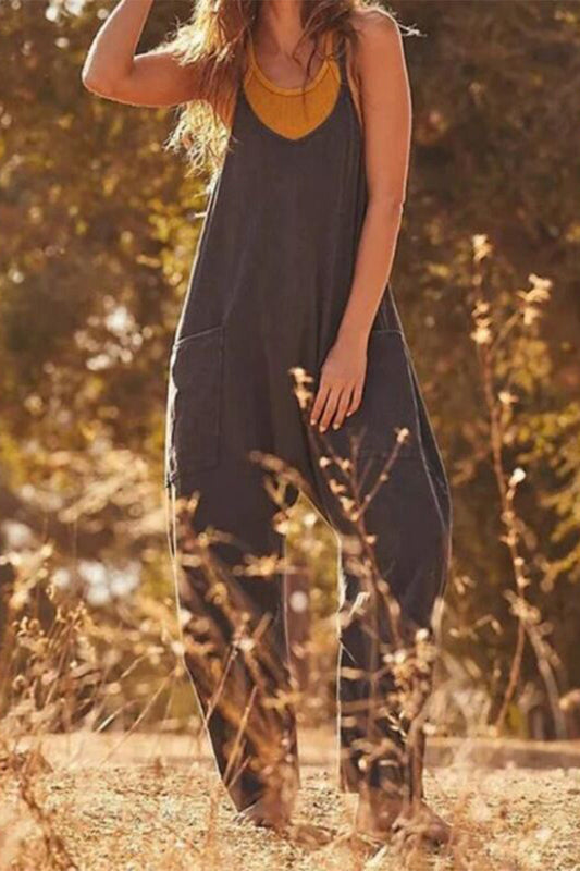 Street Solid Solid Color V Neck Loose Jumpsuits(3 Colors)