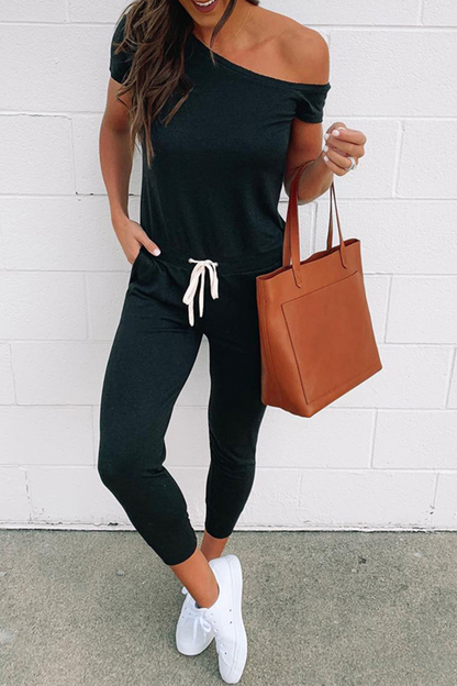 Casual Solid Draw String One Shoulder Skinny Jumpsuits