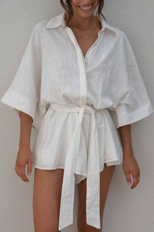 Casual Simplicity Solid Frenulum Turndown Collar Loose Jumpsuits
