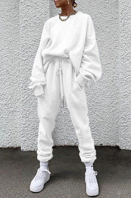 Casual Solid Pocket O Neck Long Sleeve Two Pieces(14 Colors)